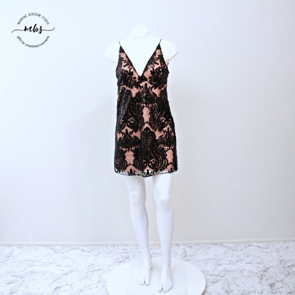 Free People Night Shimmers Lace Sequin Sleeveless Mini Dress Black Tan Women 4 - Picture 3 of 12